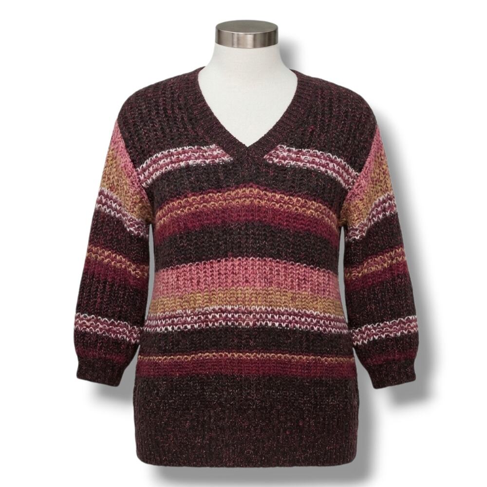 Lane Bryant Plus Size Chunky Striped V-Neck Sweater Maroon Black 14/16